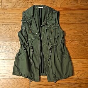 Pleione Utility Vest Olive Green Women's Medium Zip Canvas Pockets Snaps
